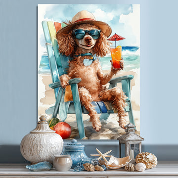 Brown Poodle Dog On The Beach Relaxing - Coastal Animal Wall Art Prints